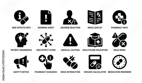 Medical icons on drug safety and dosage featuring warning sheets and pharmacy info