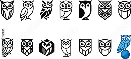 Owl logo and mascot icon collection featuring various stylized owl birds, modern geometric animal emblems and minimal wildlife symbols for branding, education logos and creative vector design