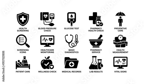 Healthcare icons set: health screening, diagnostics, vital signs monitoring, pharmacy care, wellness