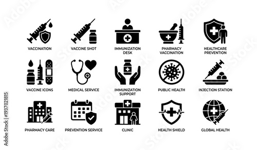 Healthcare icons: vaccination, immunization, medical services, public health, global health