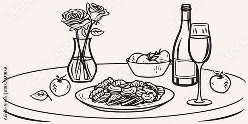 A romantic still life featuring roses wine fruit and a delicious meal