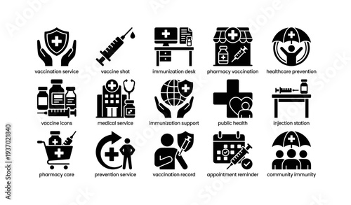 Healthcare and vaccination icons depicting medical services and prevention efforts
