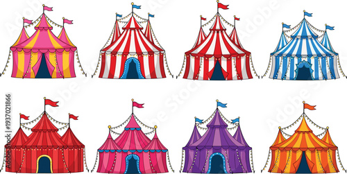Large collection of colorful striped circus and carnival big top tents with flags and festive lights isolated on white.