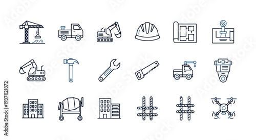 A comprehensive set of modern line vector icons representing construction equipment, building tools, architectural plans, and related technology.