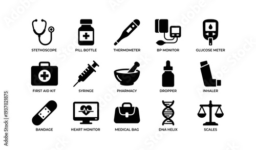 Medical equipment icons: stethoscope, first aid kit, thermometer, dna helix, inhaler
