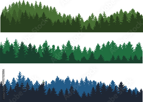 Pine forest silhouettes landscape borders set with evergreen trees, nature woodland horizon vector illustration collection for design backgrounds