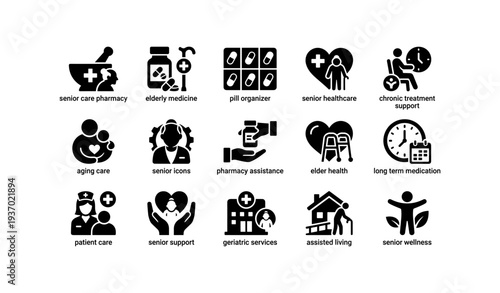 Senior care icons: healthcare, medicine, support, elderly, wellness services