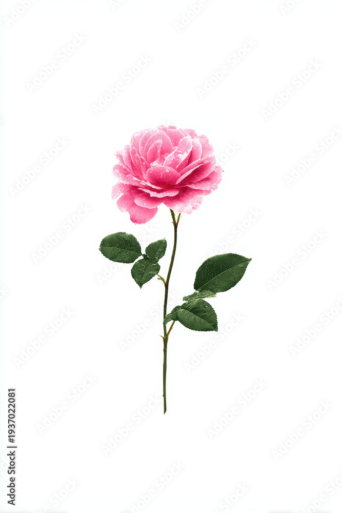 Fototapeta premium Single pink rose blossom with green leaves showing gentle romance and natural elegance isolated on white background looking soft