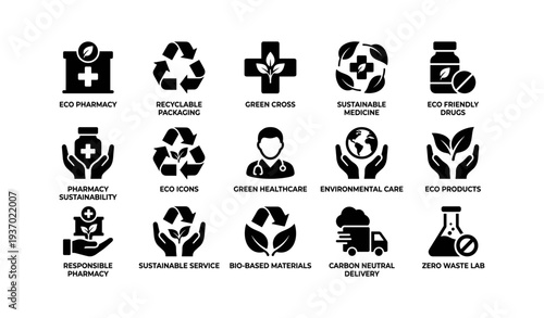 Eco pharmacy icons: sustainable medicine, green healthcare, recyclable packaging, eco-friendly products
