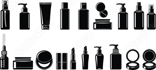Cosmetic packaging silhouettes, skincare product containers, beauty industry icons, spray bottles, pump jars, lipstick tubes, droppers, compact cases, vector illustration artwork