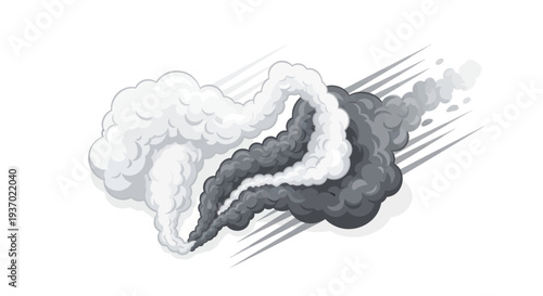 Black and White Smoke Clouds Colliding, Motion Effect, Isolated on White