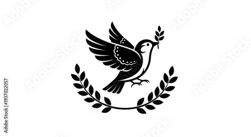 Flying bird icon with olive branch