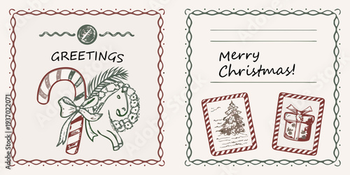 Festive christmas card design with candy canes wreaths and gift illustrations