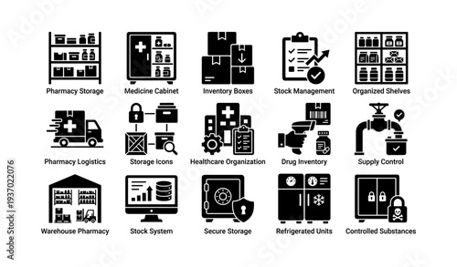 Pharmacy storage and inventory management icons for healthcare and logistics