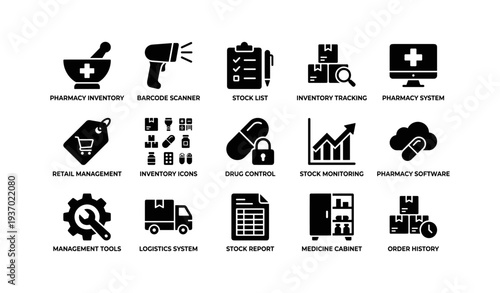 Pharmacy inventory management icons for retail and logistics systems