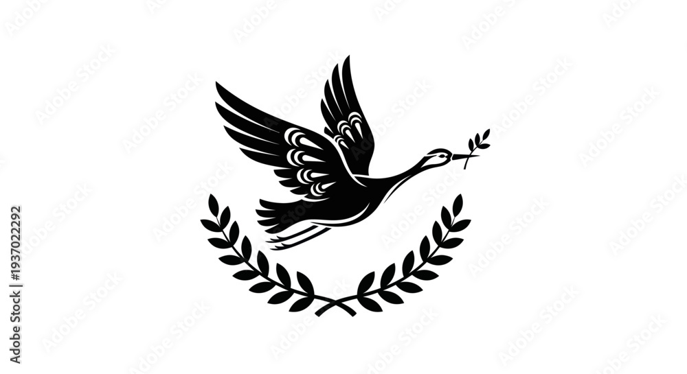 Fototapeta premium Flying bird with olive branch and laurel wreath