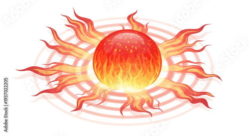Fiery Sun with Radiant Energy Rays on White Background