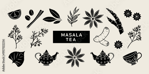 Masala tea ingredients and tools illustrated in a minimalist black design