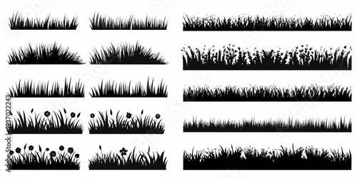 Collection of black silhouette grass and wildflower border designs