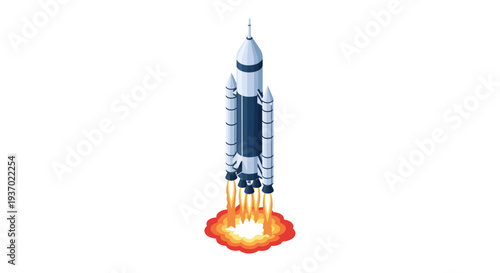 Futuristic Rocket Launch - Spacecraft Ascending with Fire and Smoke on White Background