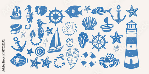 Collection of blue nautical themed illustrations including shells and sea creatures