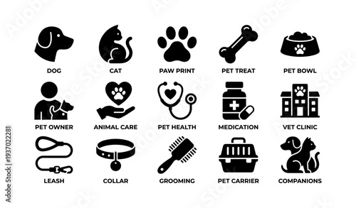 Pet care icons: dog cat paw print treat bowl owner health clinic