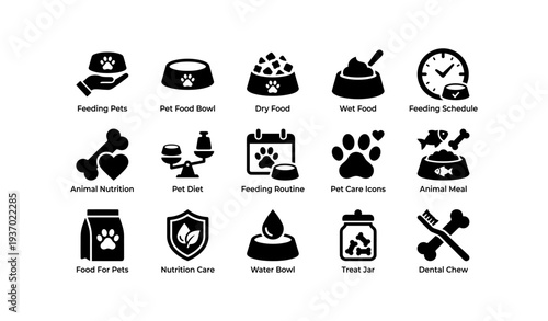 Pet feeding icons: nutrition, schedule, care, and routine symbols