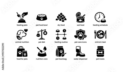 Pet feeding icons: nutrition, food bowl, routine, care tips, schedule