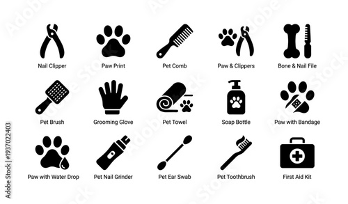 Pet grooming and care icons: clippers, paw prints, brushes, first aid kit, hygiene essentials