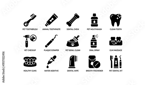 Pet dental care icons: toothbrush, toothpaste, chew, mouthwash, clean tooth