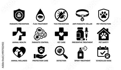 Comprehensive animal health icons depicting parasite prevention and pet protection tools