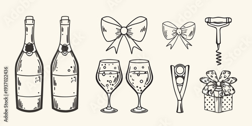 Celebratory objects including champagne glasses and a gift drawn in simple lines