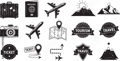 Travel and tourism icons in black and white style