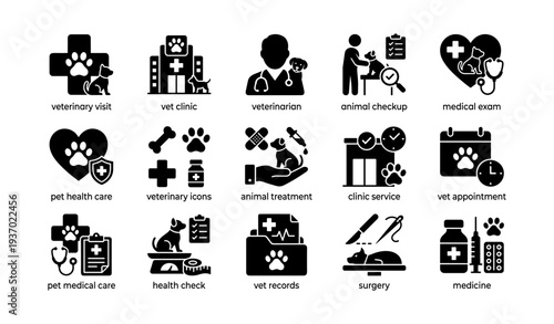 Veterinary icons: clinic, animal care, vet, medical exam, health check