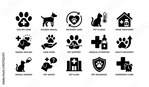 Comprehensive pet care icons: health, recovery, and veterinary support