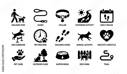 Dog walking and care icons: leash, collar, exercise, outdoor activities, daily routine symbols