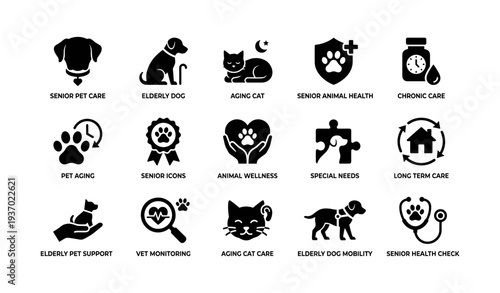Icons of senior pet care and health support for dogs and cats