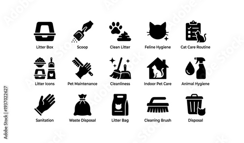 Pet care essentials: litter box, scoop, feline icons, hygiene, disposal