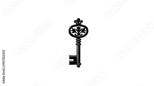 Black and white image of a classic key with a decorative head and ornate details