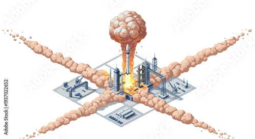 Rocket Launch, Space Mission, Ignition, Ascent, Smoke Trails, Isometric View