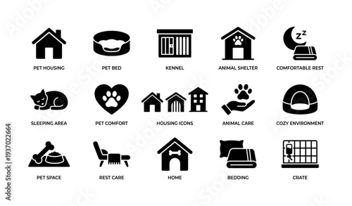 Icons of pet housing solutions: shelters, beds, and care accessories