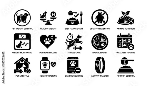 Pet health and nutrition icons: weight control, fitness, diet monitoring