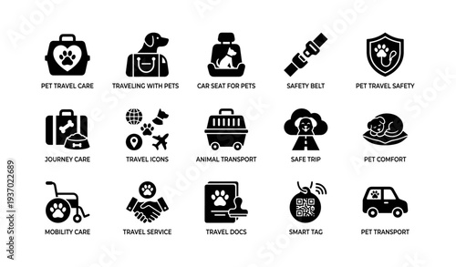Pet travel icons set: safety, comfort, and transport essentials