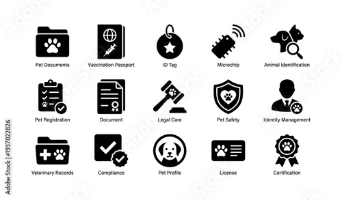 Pet identification and management icons: microchip, id tag, veterinary records, legal care, certification