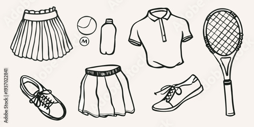 Line drawing of tennis apparel and equipment isolated on a beige background