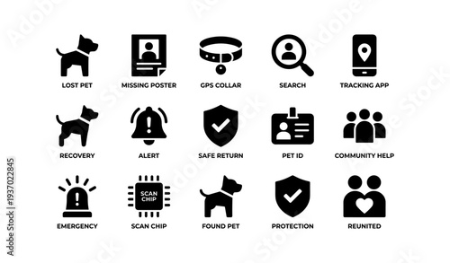 Lost pet recovery icons: gps, alerts, community help, safe return, tracking apps