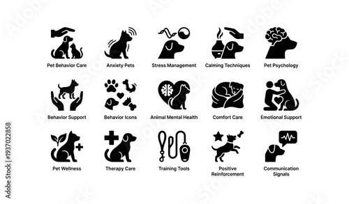 Pet behavior icons: stress management, calming, therapy, training, mental health