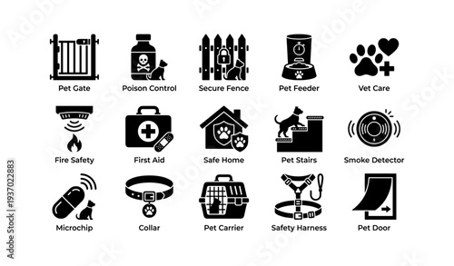 Essential pet safety and care icons: gates, poison control, feeder, vet, more