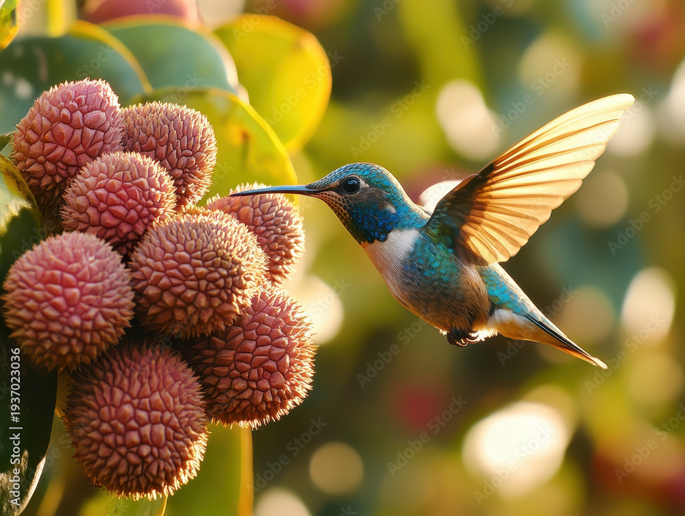 Obraz premium Hummingbird bird nectar tropical nature flying garden flower wildlife summer fruit beak feather colorful blossom bloom outdoor sunlight green leaf wing hovering feeding rainforest ecosystem