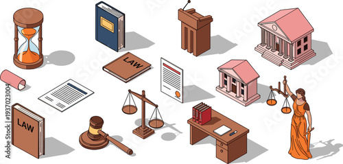 Isometric set of law and justice icons featuring lady justice scales gavel courthouse law books and hourglass isolated on white background.